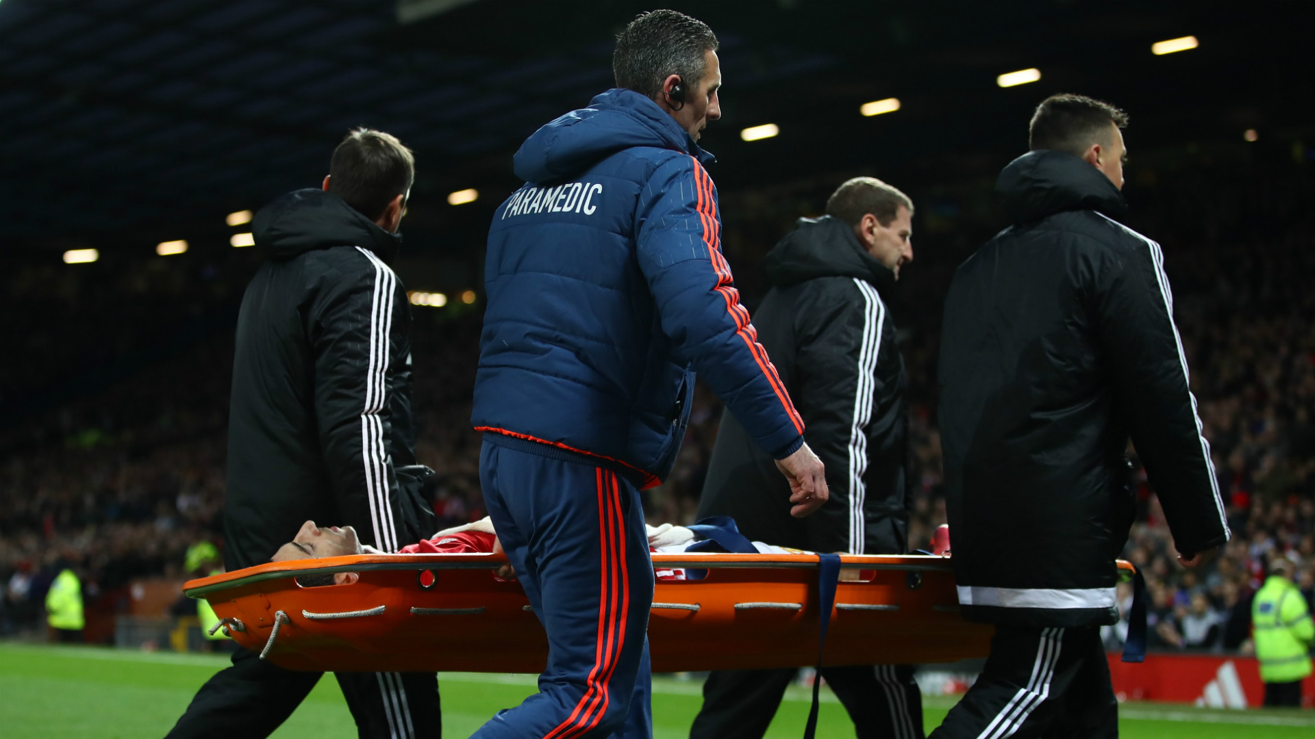 Man United's Henrikh Mkhitaryan is stretchered off in the second half at Old Trafford against Tottenham