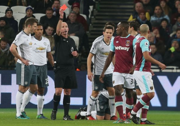 Mike Dean's red card transfers Man United's unlucky status to opponents West Ham.