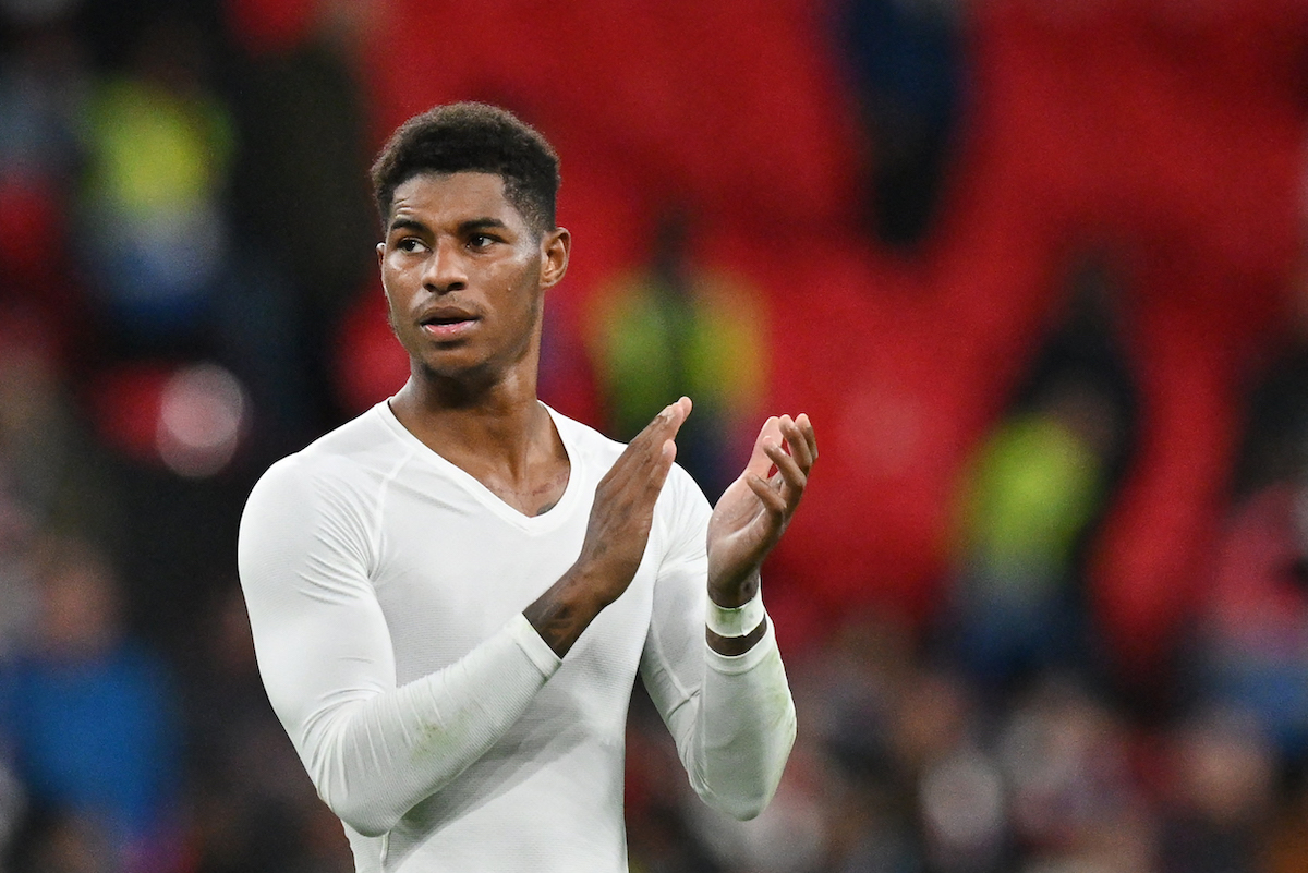 Marcus Rashford ready to kick after scoring for England