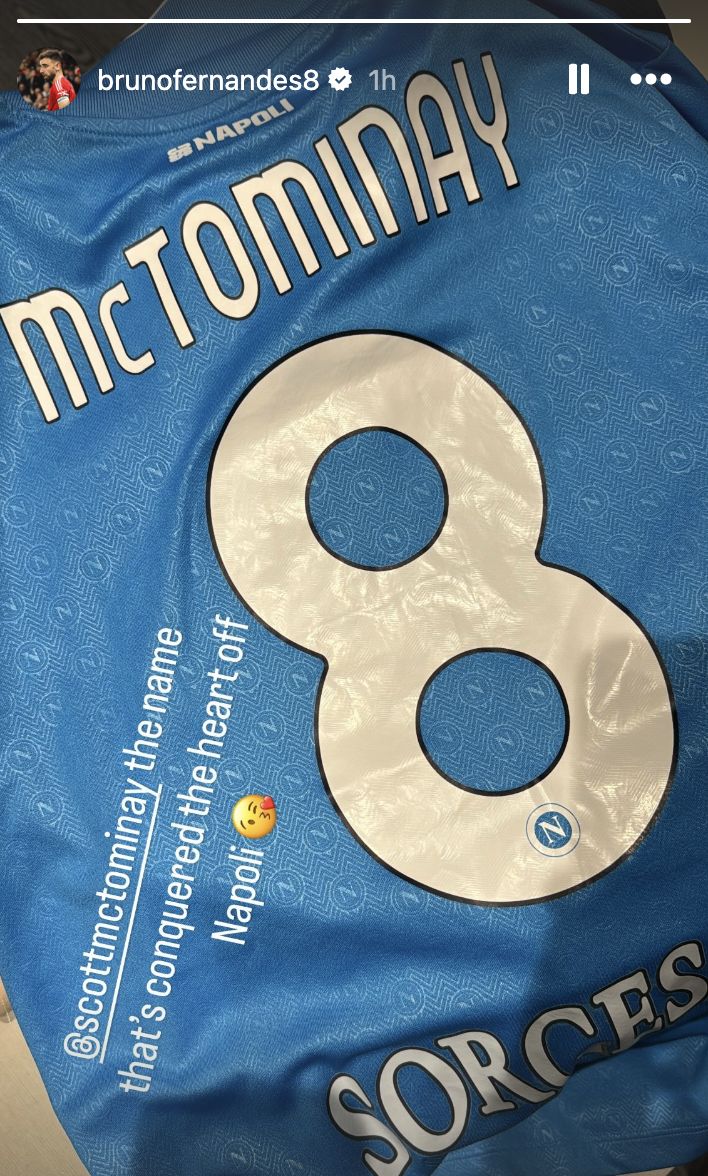 Bruno Fernandes happy with Scott McTominay Napoli shirt