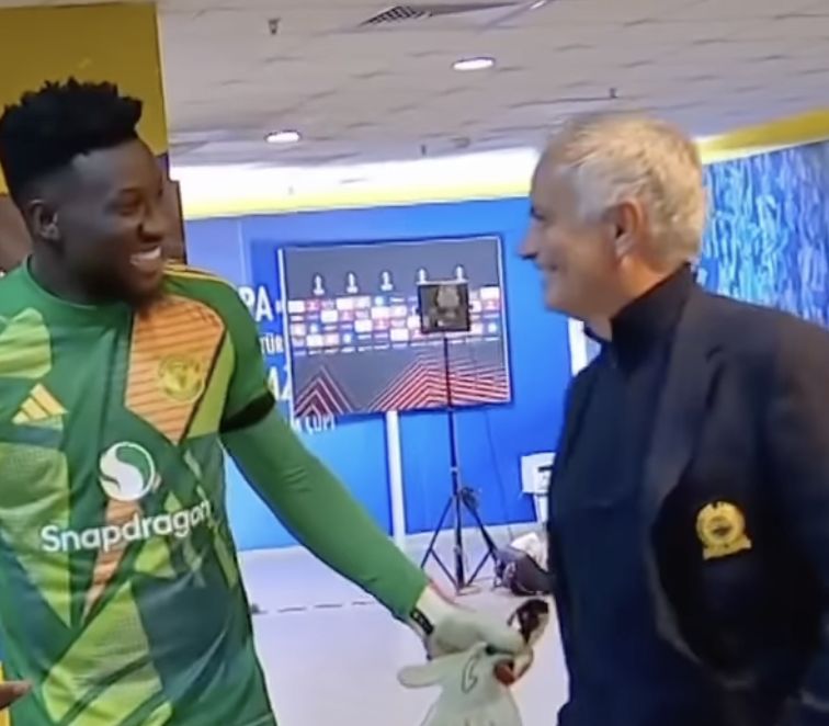 Andre Onana laughs with Jose Mourinho after Europa League clash