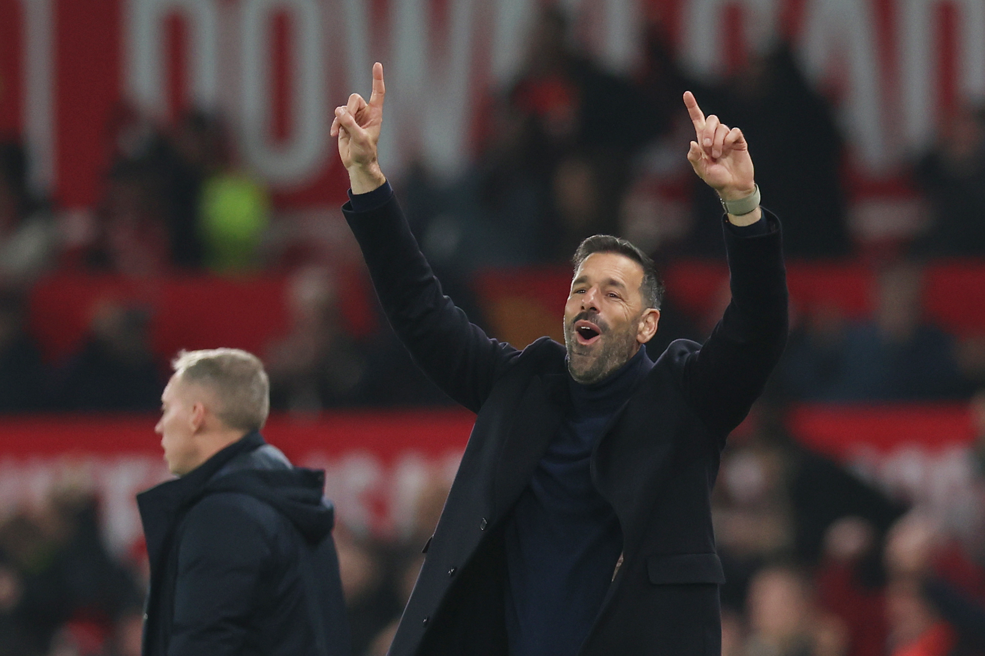 Van Nistelrooy celebrates at Old Trafford.