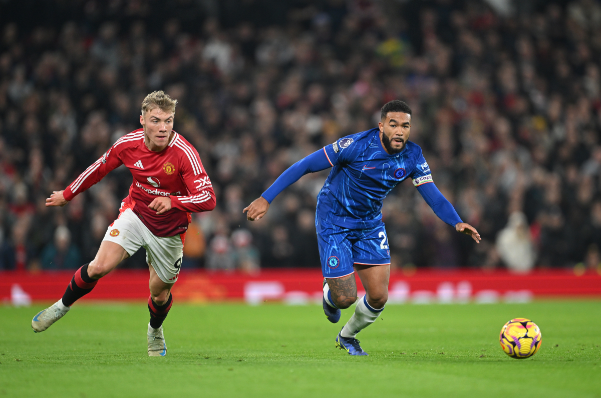 Rasmus Hojlund attempts to close down Reece James of Chelsea at Old Trafford.