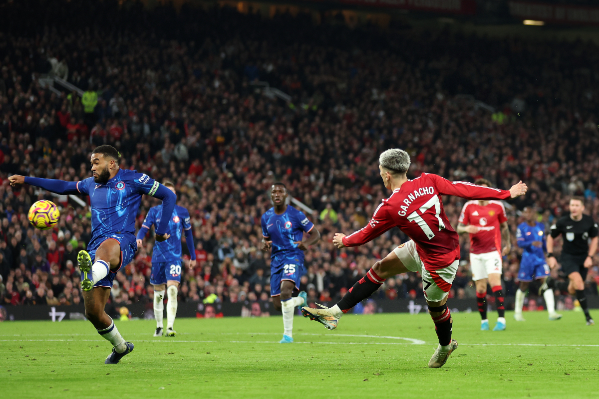 Alejandro Garnacho takes a shot on goal against Chelsea at Old Trafford.