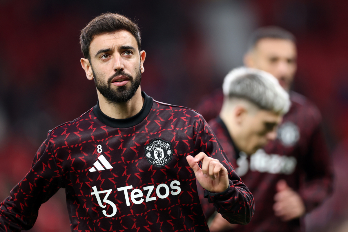 Bruno Fernandes warms up ahead of Man Utd’s clash with Chelsea.