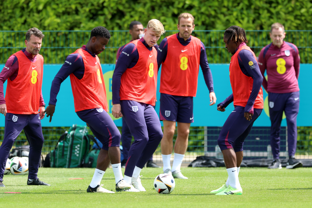 Jarrad Branthwaite trains with his England teammates in London.