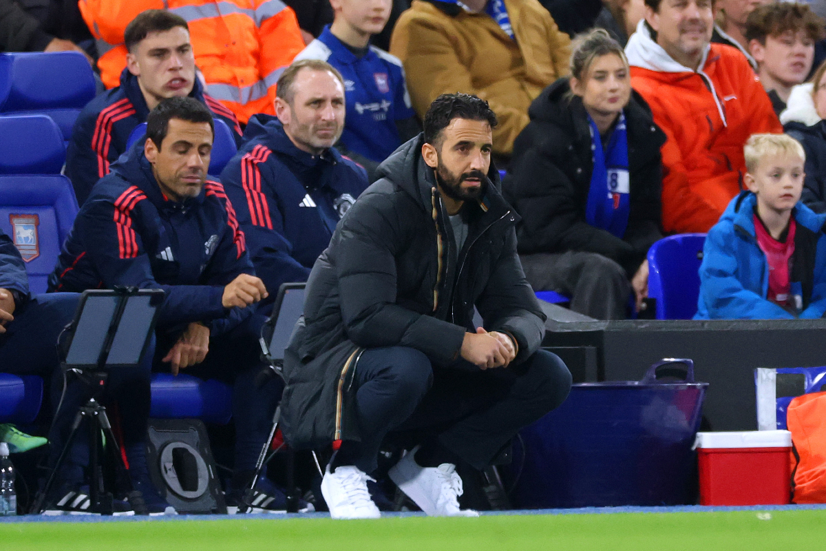 Ruben Amorim reacts on the touchline as Man Utd take on Ipswich Town.