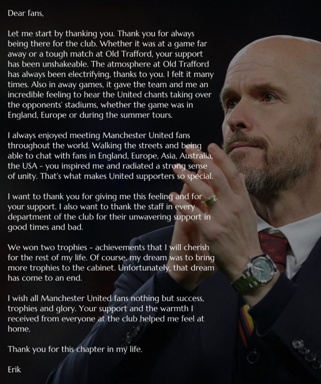 Erik ten Hag issued a statement to Manchester United fans