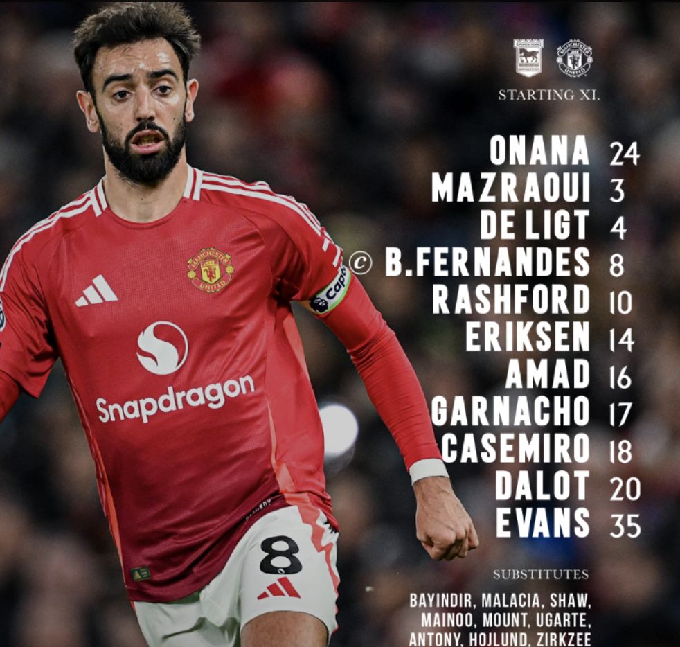 Bruno Fernandes starts against Ipswich Town for Manchester United