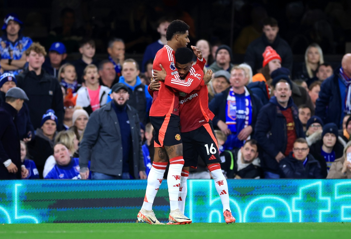 Marcus Rashford opens the scoring against Ipswich Town after an Amad Diallo assist