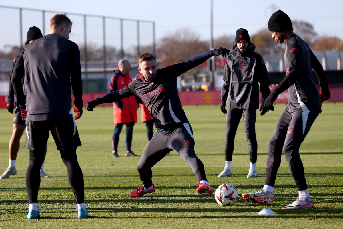 Luke Shaw training with his teammates at Carrington.