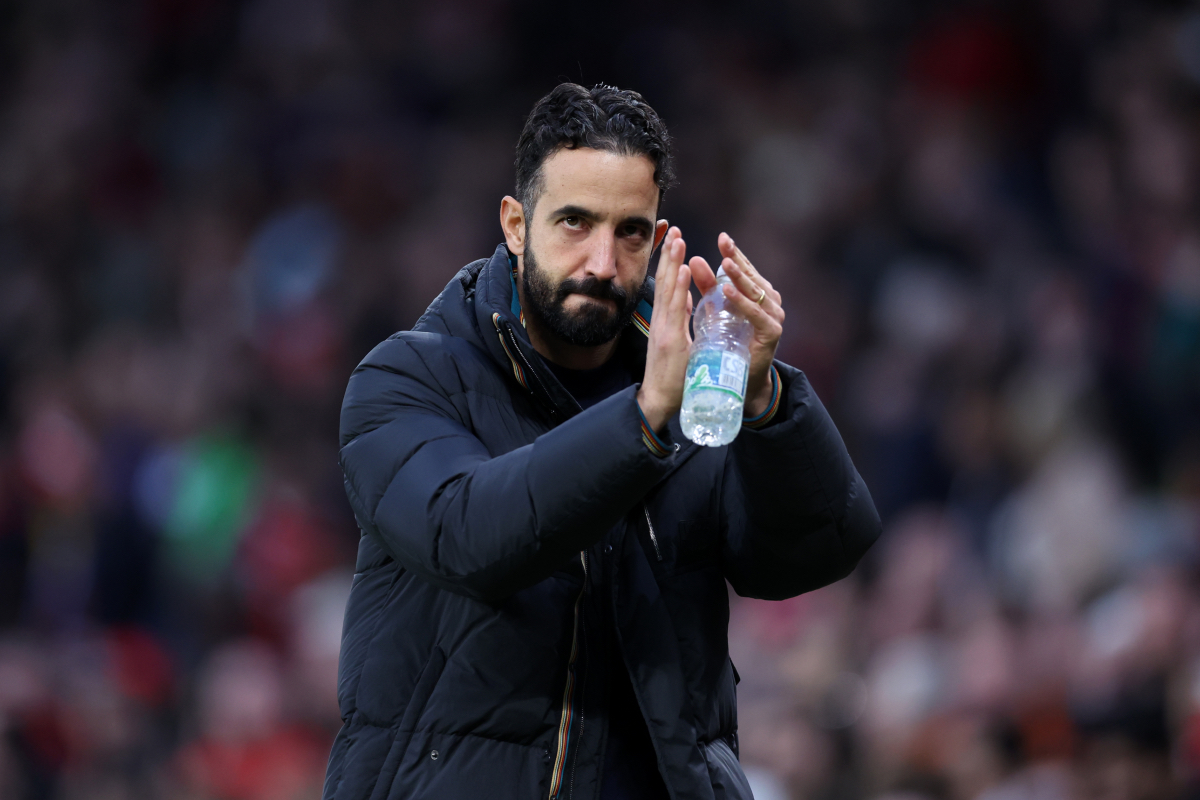 Ruben Amorim addresses the fans at Old Trafford.