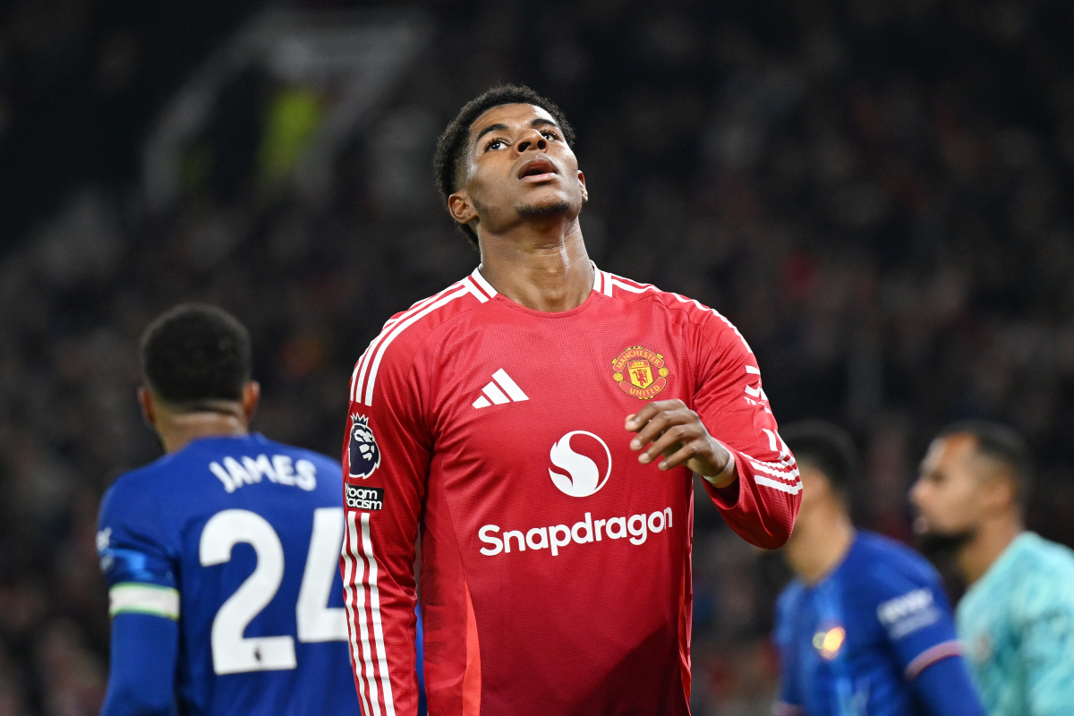 Marcus Rashford rues a missed chance vs Everton.