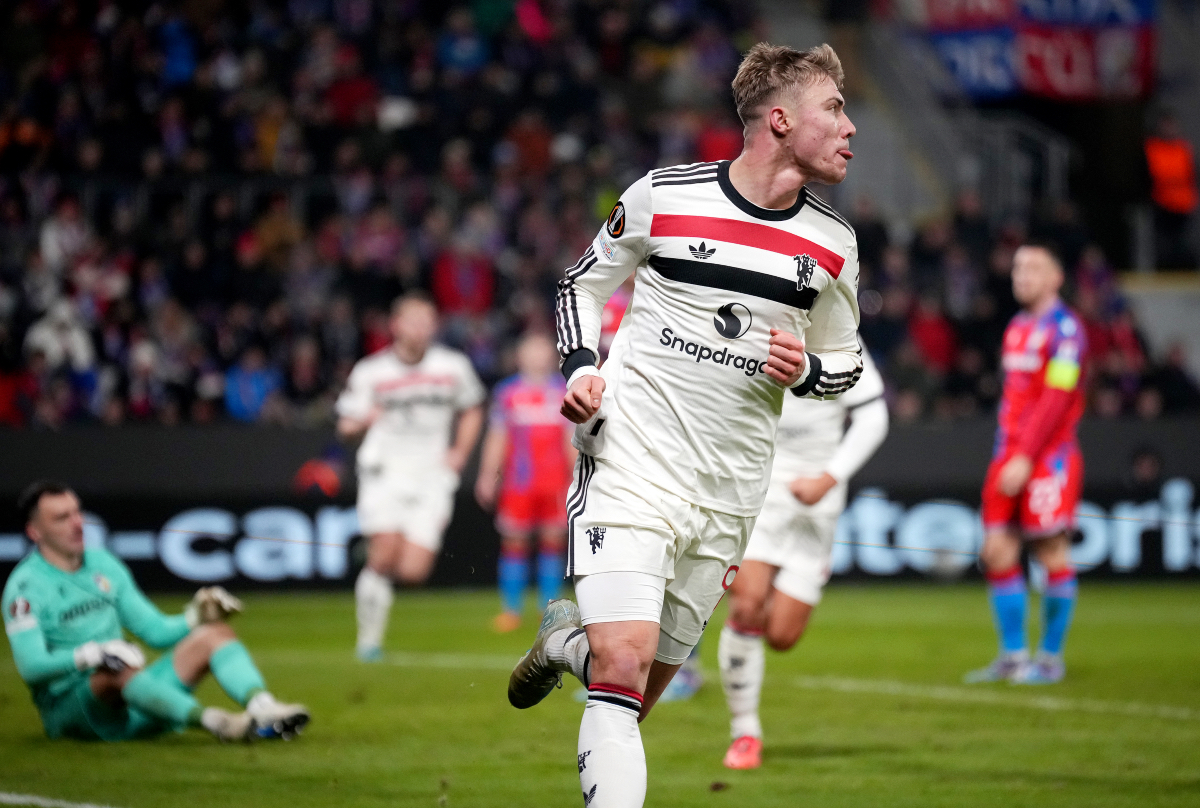 Man United frontman Rasmus Hojlund celebrates his goal.