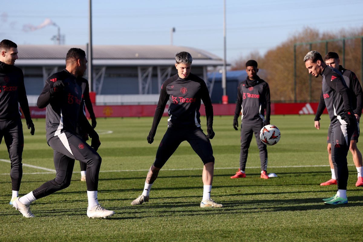 Alejandro Garnacho trains at Carrington.