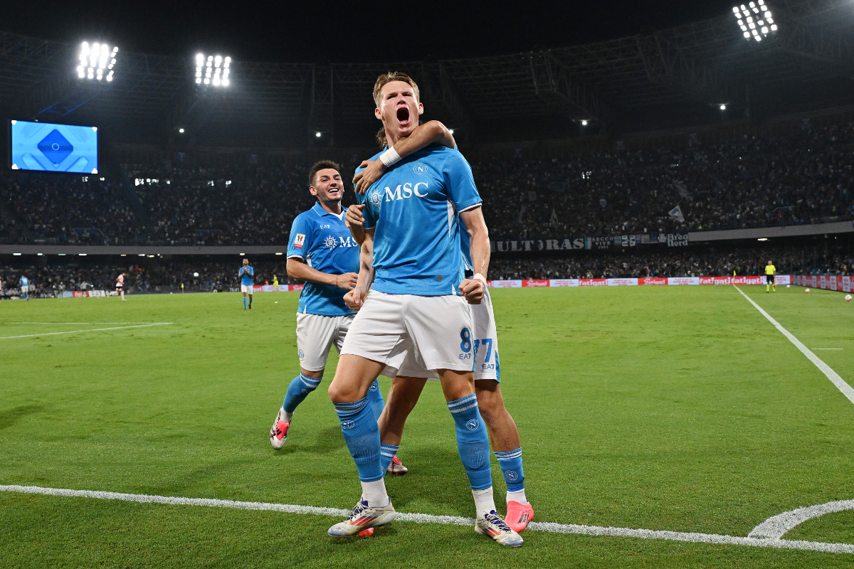 Scott McTominay celebrates his goal for Napoli.