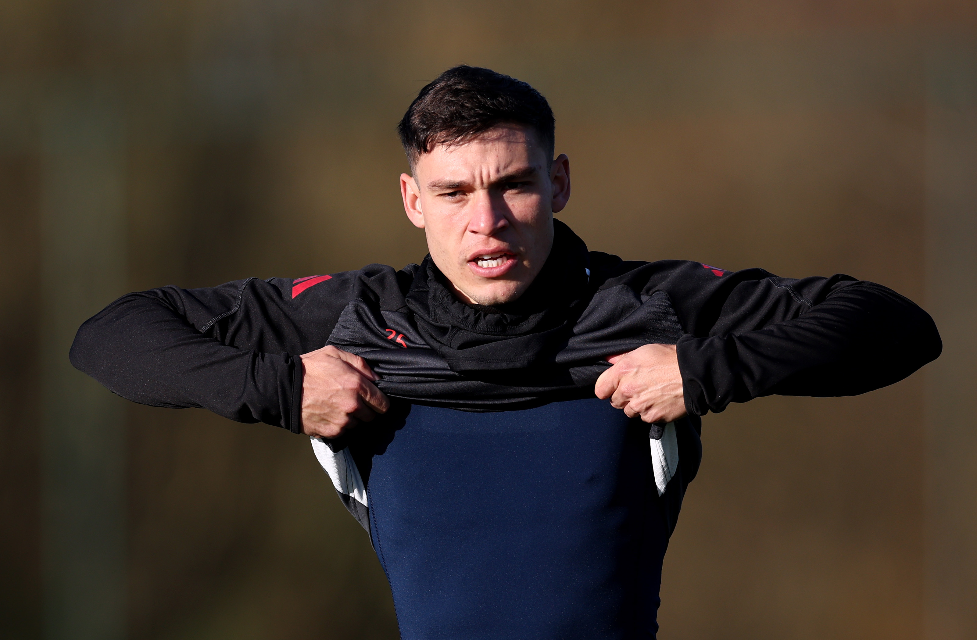 United’s Manuel Ugarte trains at Carrington.