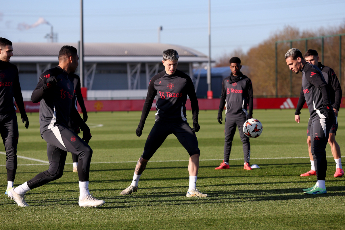 Antony and Casemiro train at Carrington.