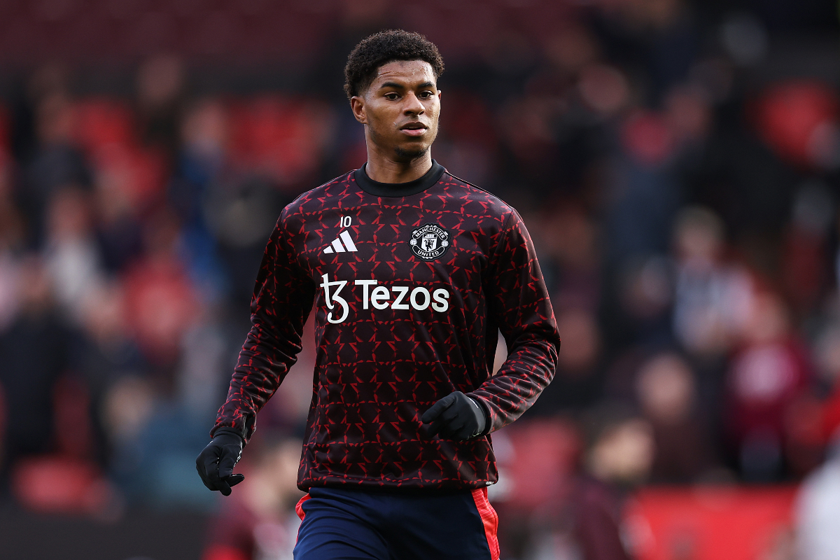 Marcus Rashford warms up ahead of kick-off at Old Trafford.