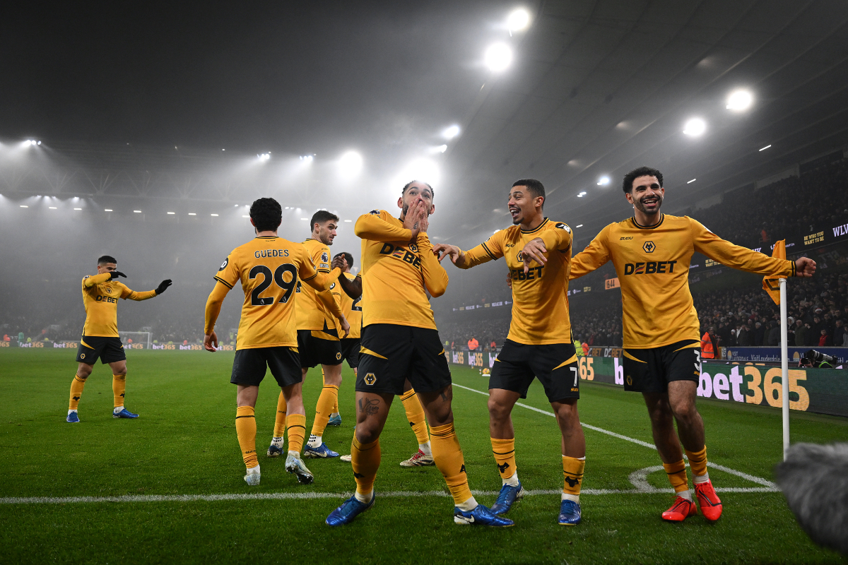 Matheus Cunha celebrates his goal vs Man United.