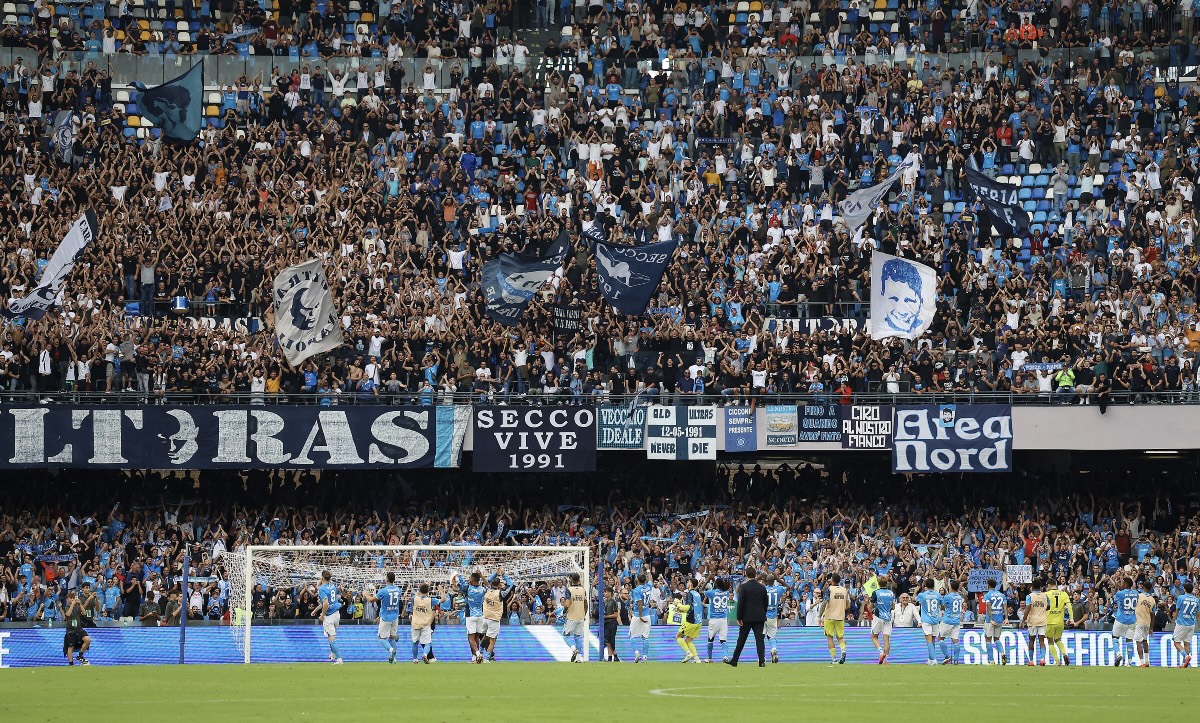 Napoli players acknowledge their fans at the end of a Serie A match.