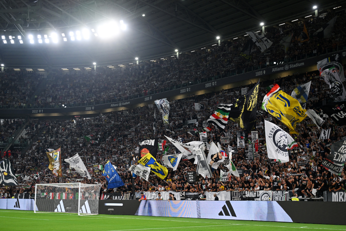 A general view inside the Allianz Stadium of Juventus fans’ flags.