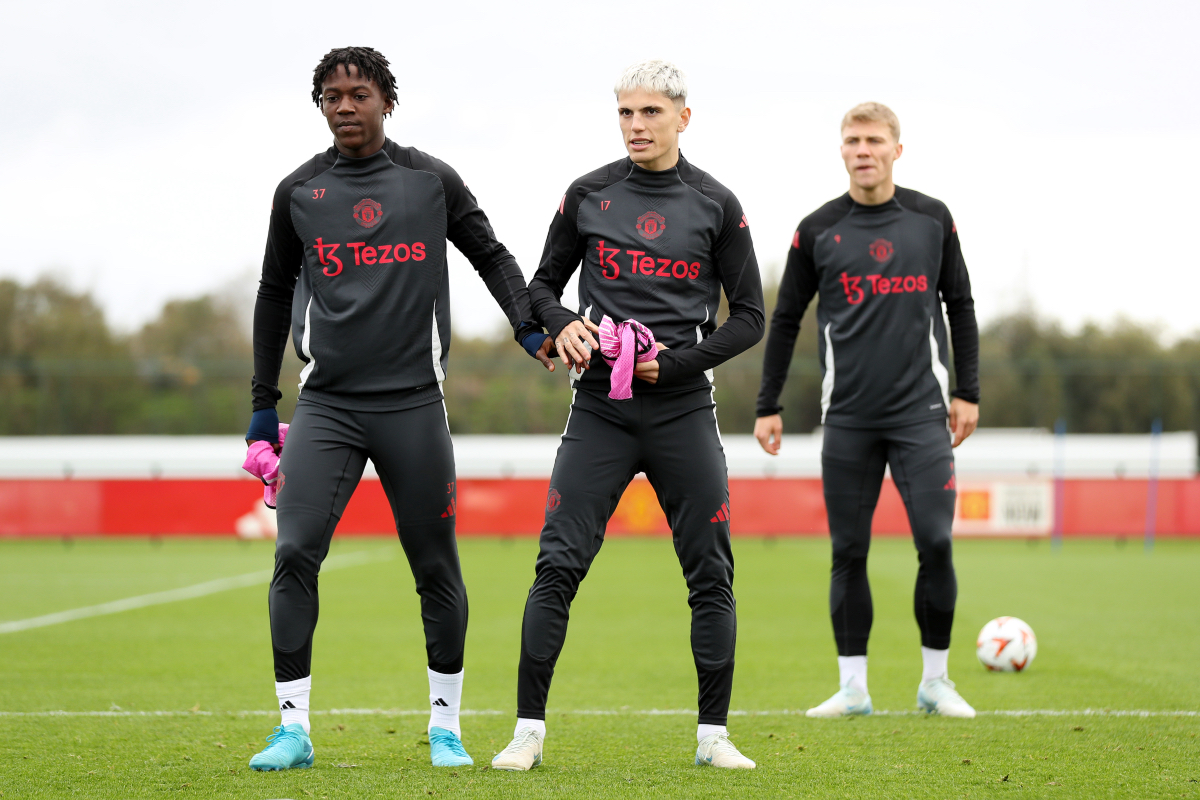 Alejandro Garnacho and Kobbie Mainoo in training at Carrington complex.