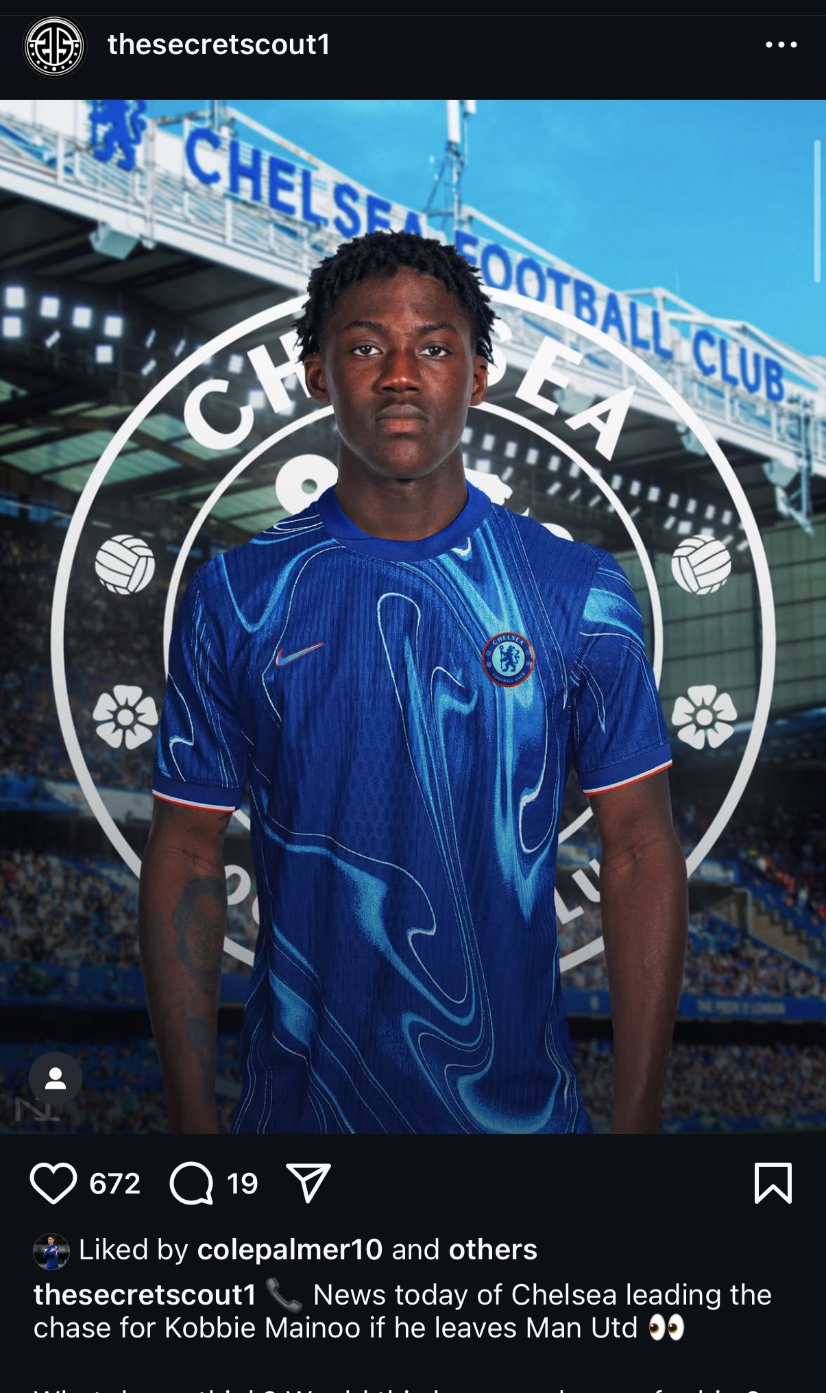 Kobbie Mainoo wearing an edited Chelsea shirt.