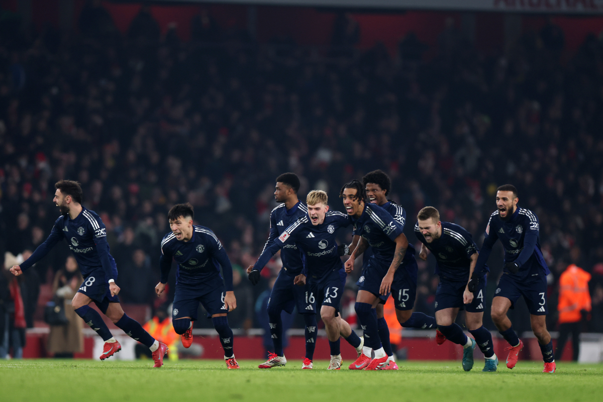 Manchester United players reel off to celebrate after Joshua Zirkzee’s converted penalty confirms their progression in the FA Cup.