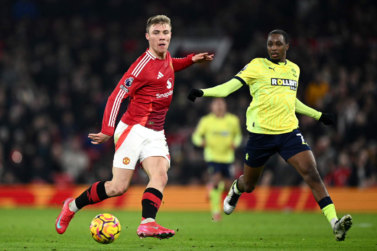 Rasmus Hojlund plays a pass during Man United’s clash with Southampton.