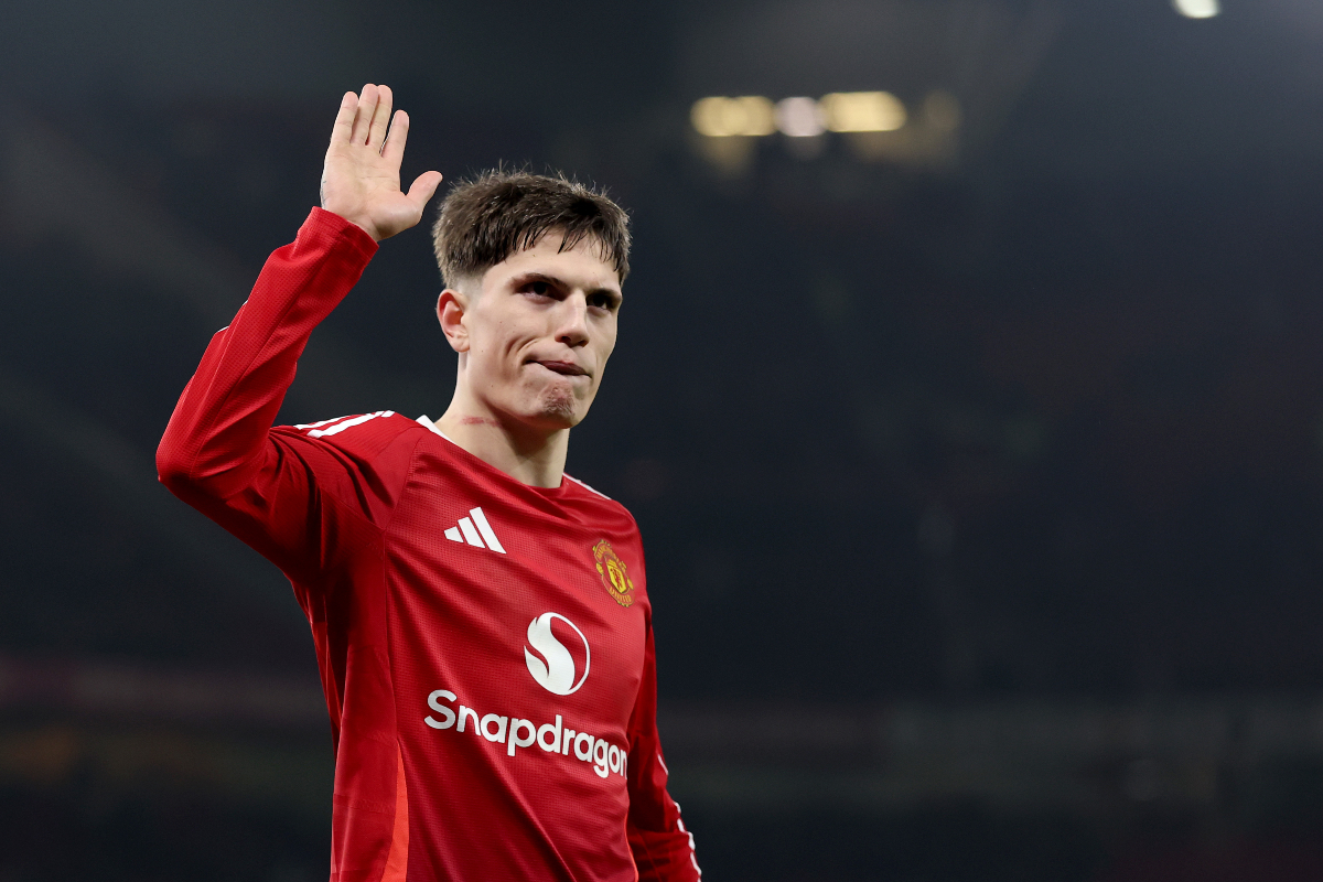 Alejandro Garnacho waves to the fans above the Stretford End after Man United’s loss to Brighton.