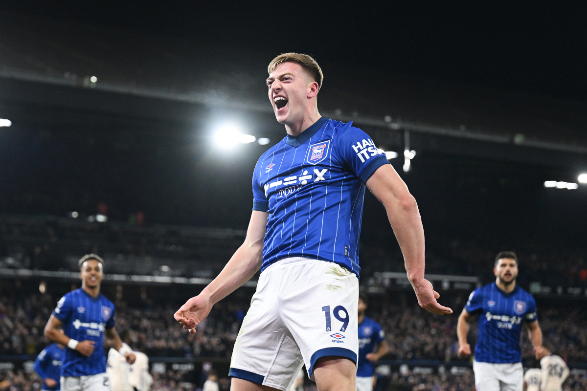 Liam Delap celebrates scoring for Ipswich Town at Portman Road.