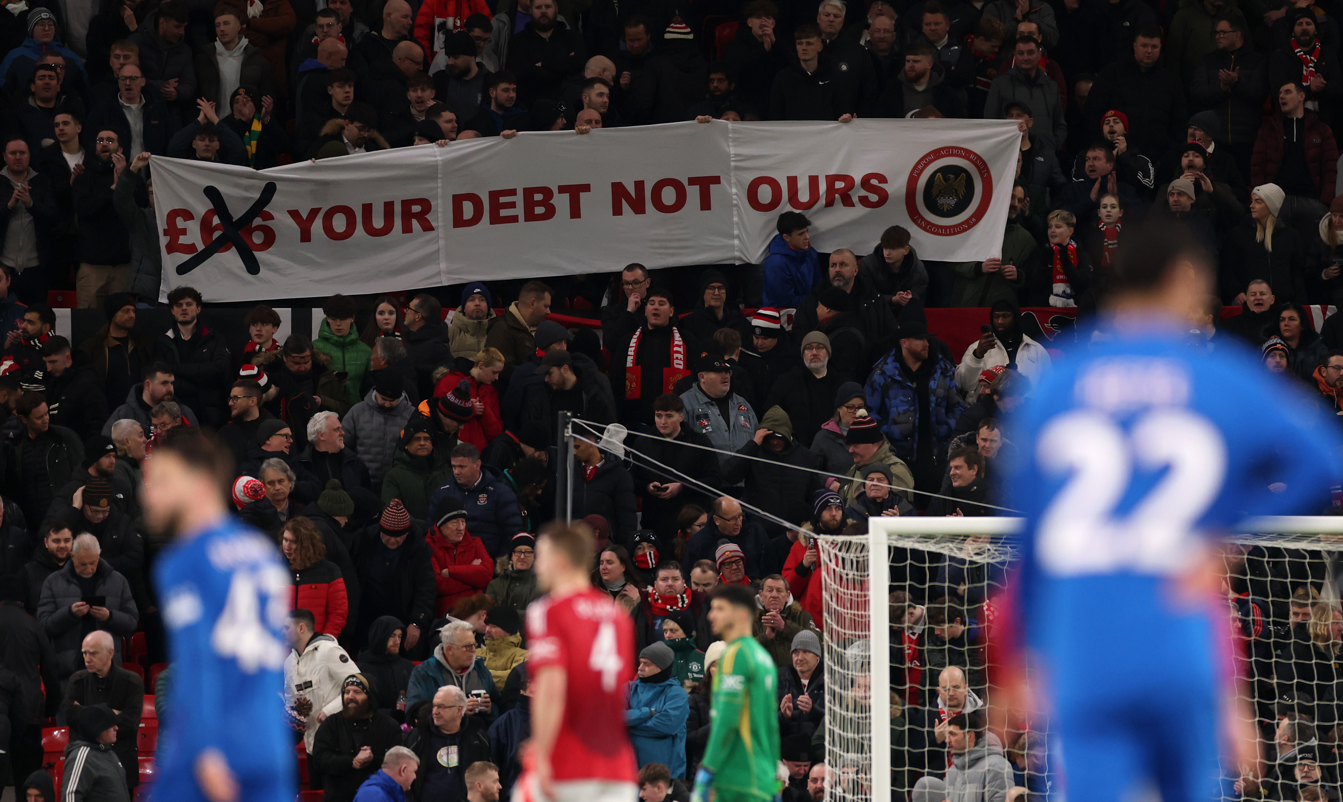 Man United fans unfurl a banner protesting the club’s hike in ticket prices.