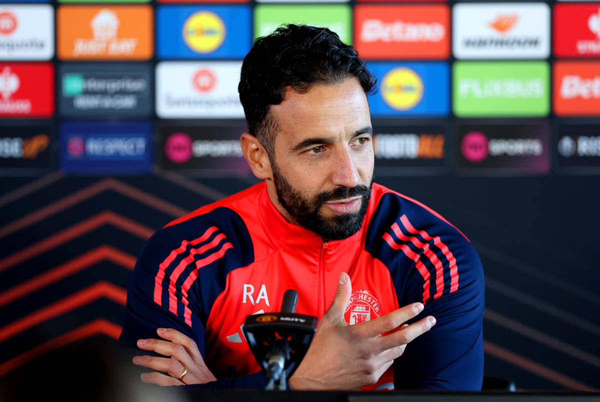 Ruben Amorim addresses reporters in a pre-match press conference.