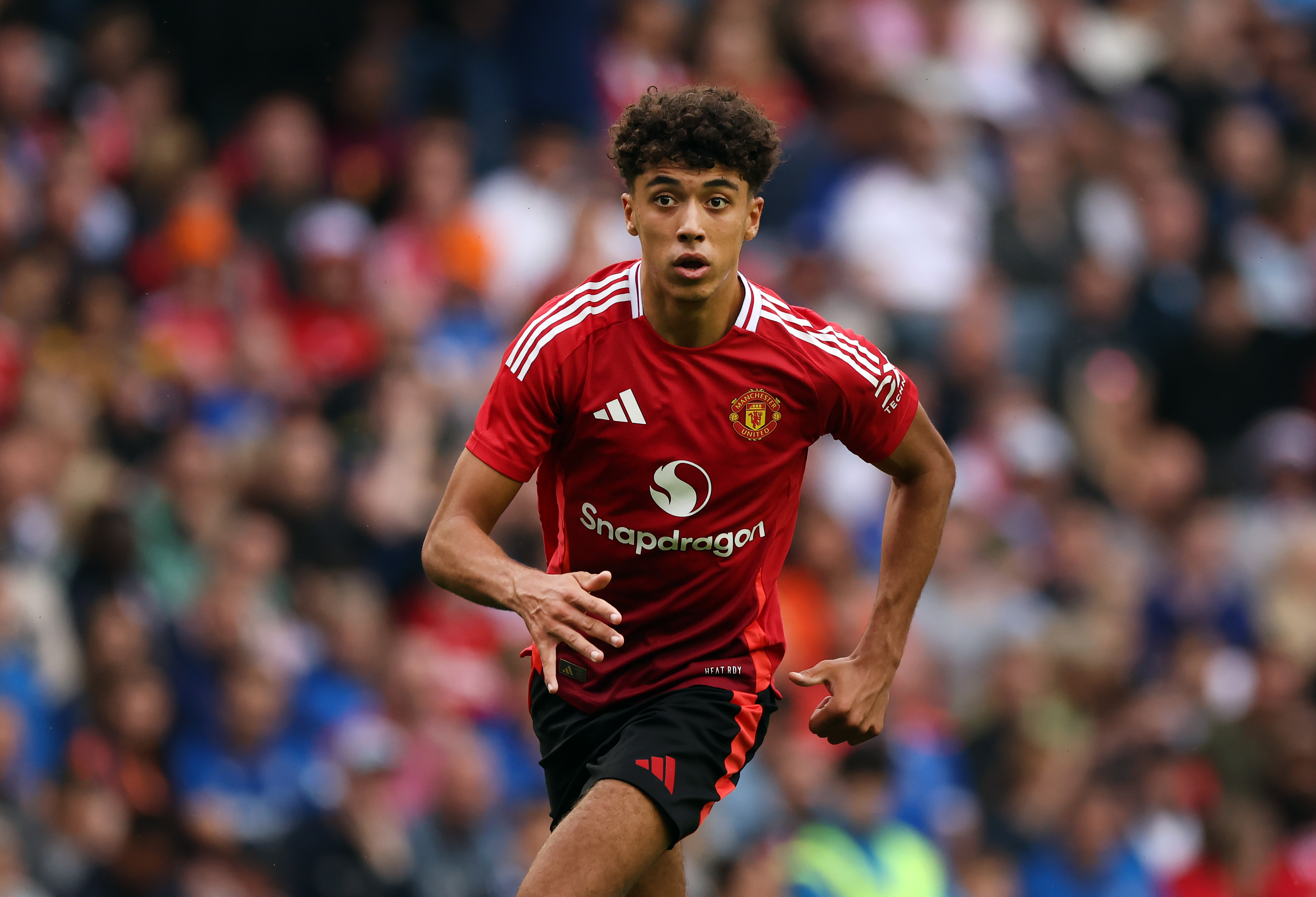 Ethan Wheatley in action for Man United during a pre-season friendly.