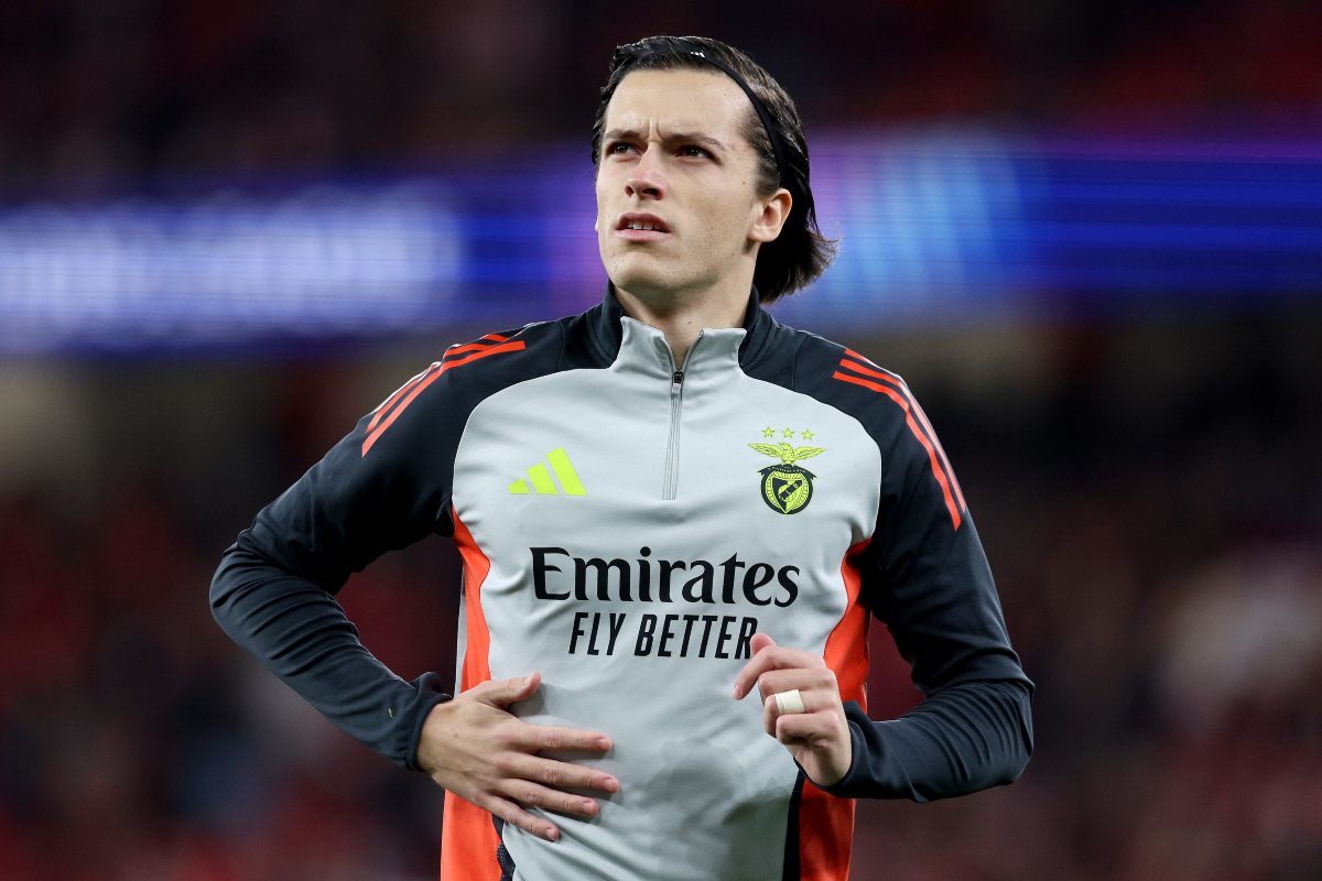 Alvaro Carreras warms up ahead of kick-off with Benfica.