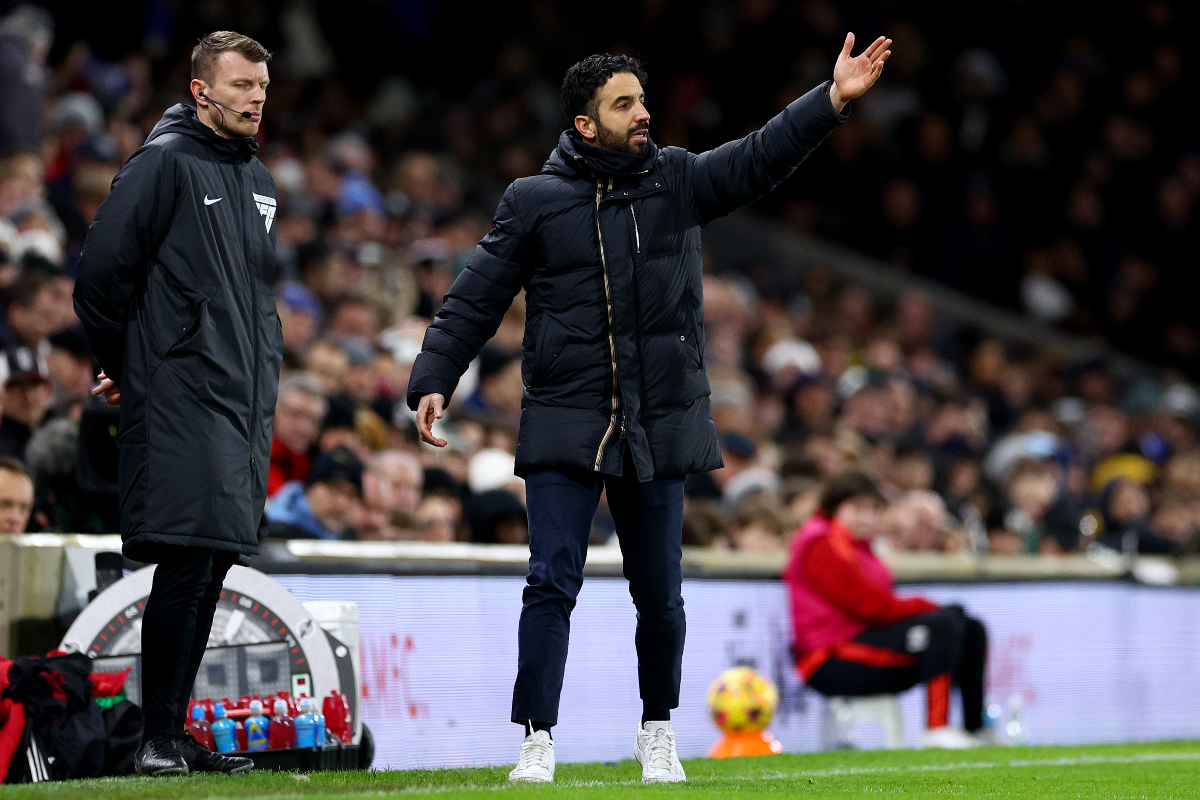 Ruben Amorim gestures to his United players on the touchline vs Fulham.