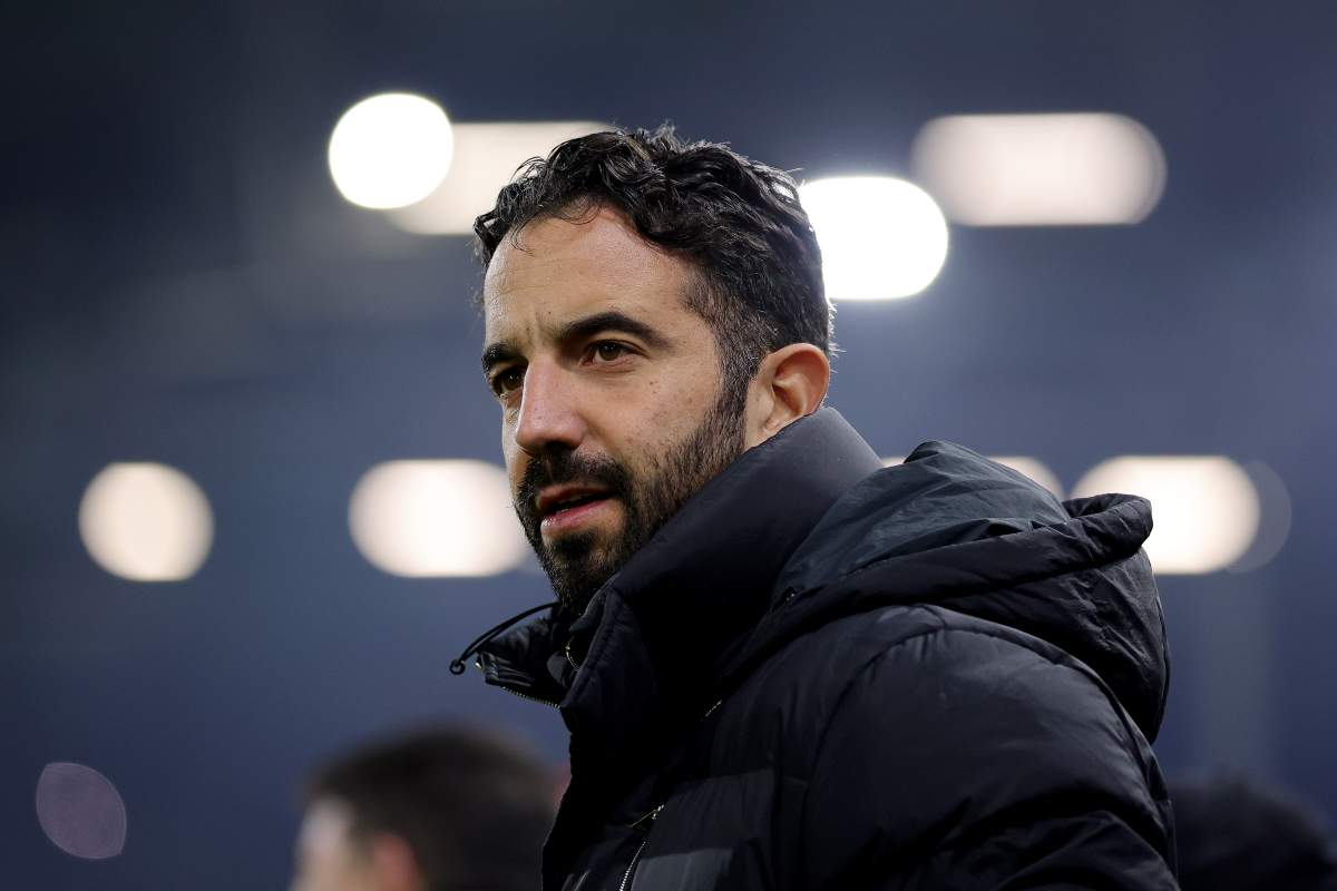 Ruben Amorim looks on from the touchline at Craven Cottage.