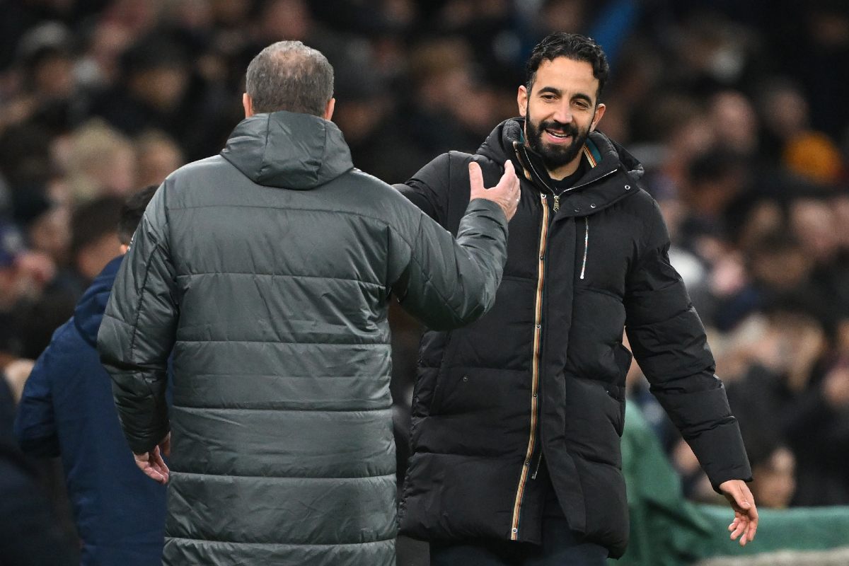 Ruben Amorim shakes hands with Ange Postecoglou ahead of Tottenham vs Man United.