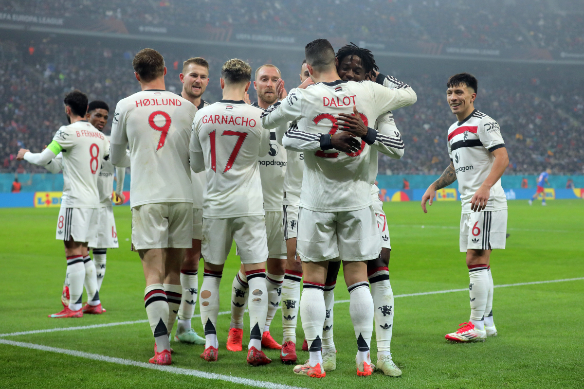  Diogo Dalot of Manchester United celebrates scoring his team's first goal with teammate Kobbie Mainoo during the UEFA Europa League 2024/25 League Phase MD8 match between Fotbal Club FCSB and Manchester United at National Arena on January 30, 2025 in Bucharest, Romania.