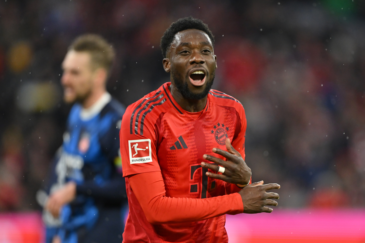 Alphonso Davies reacts during a match for Bayern Munich.