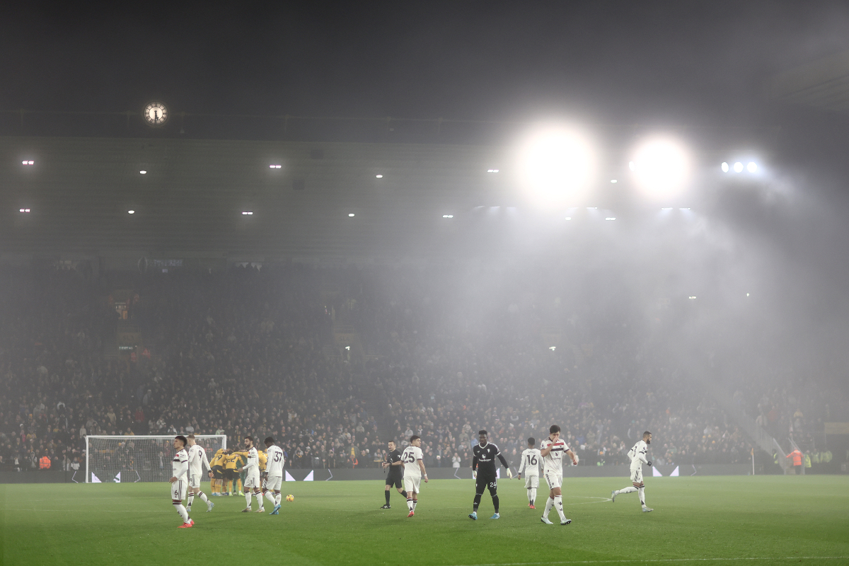 A view of Manchester United and Wolves players during their league match at Molineux.