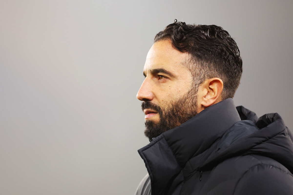 Ruben Amorim looks on from the touchline at Craven Cottage.