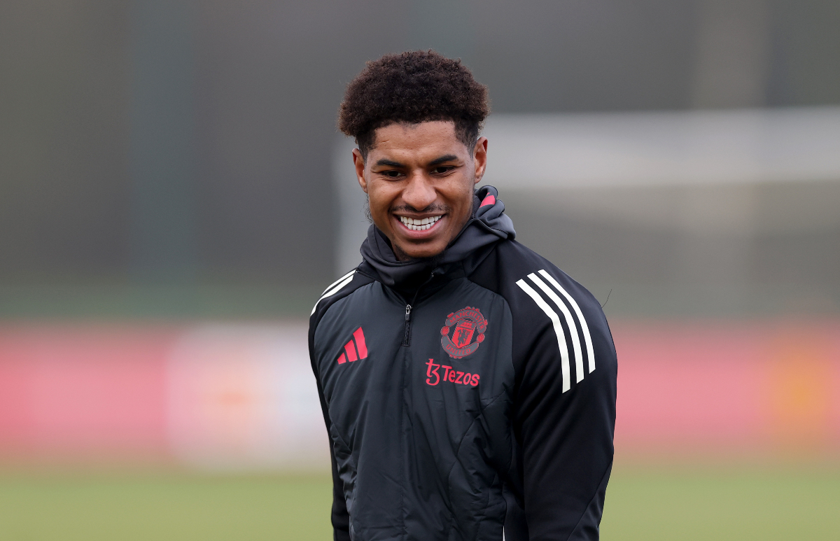 Marcus Rashford is all smiles in training at Carrington.