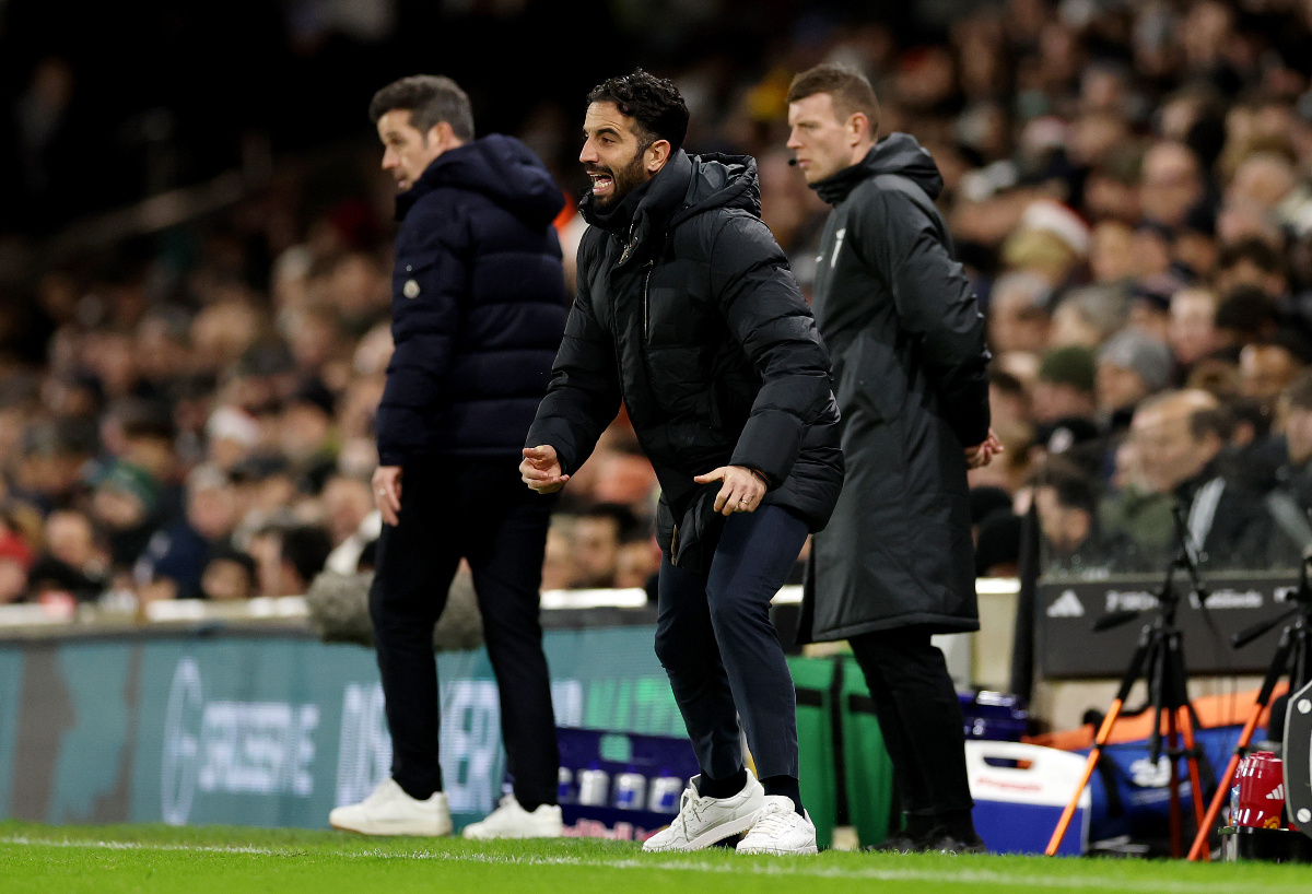 Ruben Amorim gestures on the touchline at Craven Cottage.