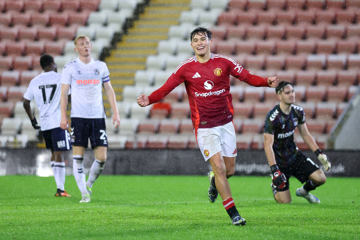 Gabriele Biancheri of Manchester United celebrates scoring his team's fifth goal and his hat-trick during The FA Youth Cup Third round match between Manchester United and Coventry City at Leigh Sports Village on December 18, 2024 in Leigh, England.