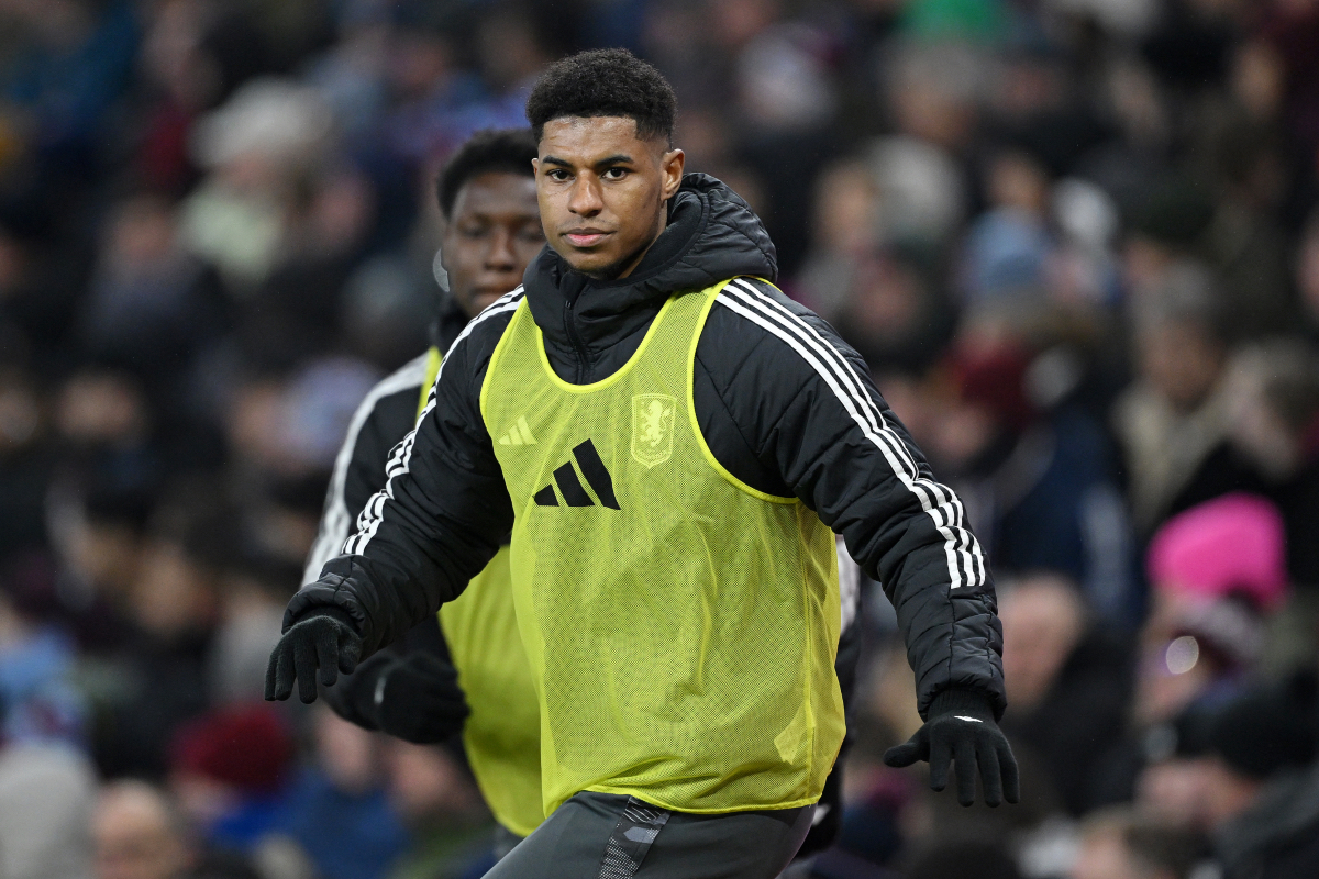 Marcus Rashford warms up prior to his Aston Villa debut.