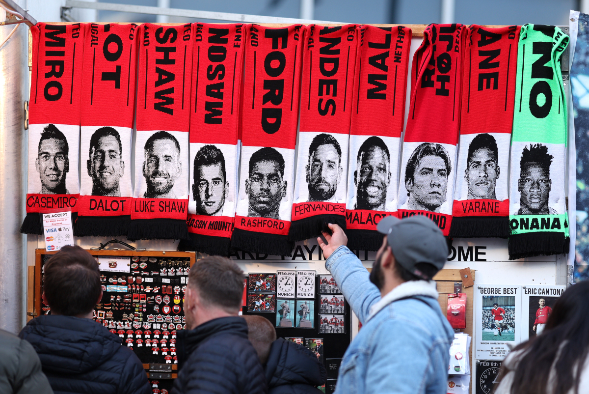 A view of Mancheser United player scarves outside Old Trafford on matchday.