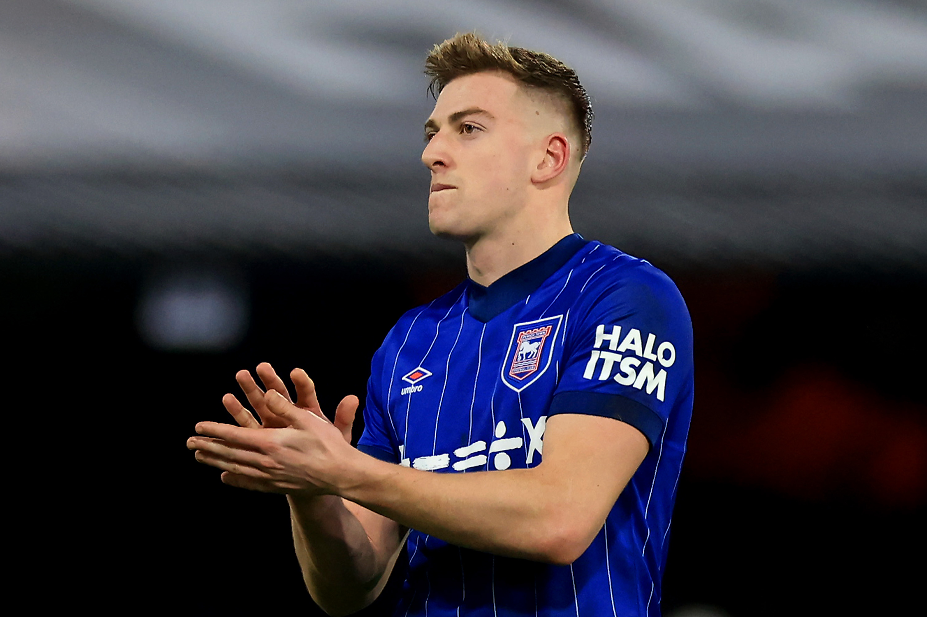 Ipswich Town’s Liam Delap applauds the fans at Portman Road.