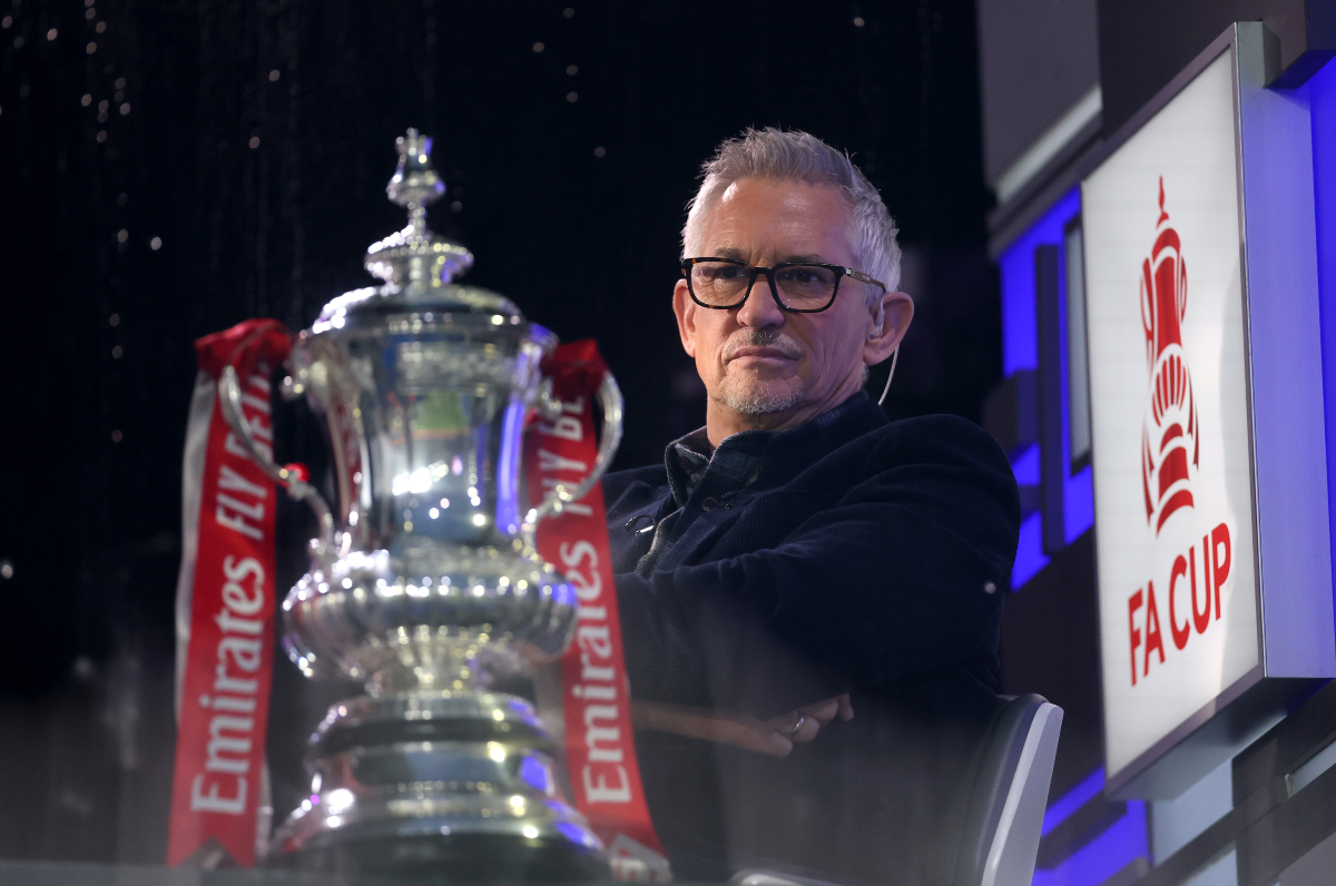 BIRMINGHAM, ENGLAND - FEBRUARY 08: Gary Lineker, BBC Presenter and former footballer looks on, as the Emirates FA Cup trophy is displayed prior to the Emirates FA Cup Fourth Round match between Birmingham City and Newcastle United at St Andrew’s at Knighthead Park.